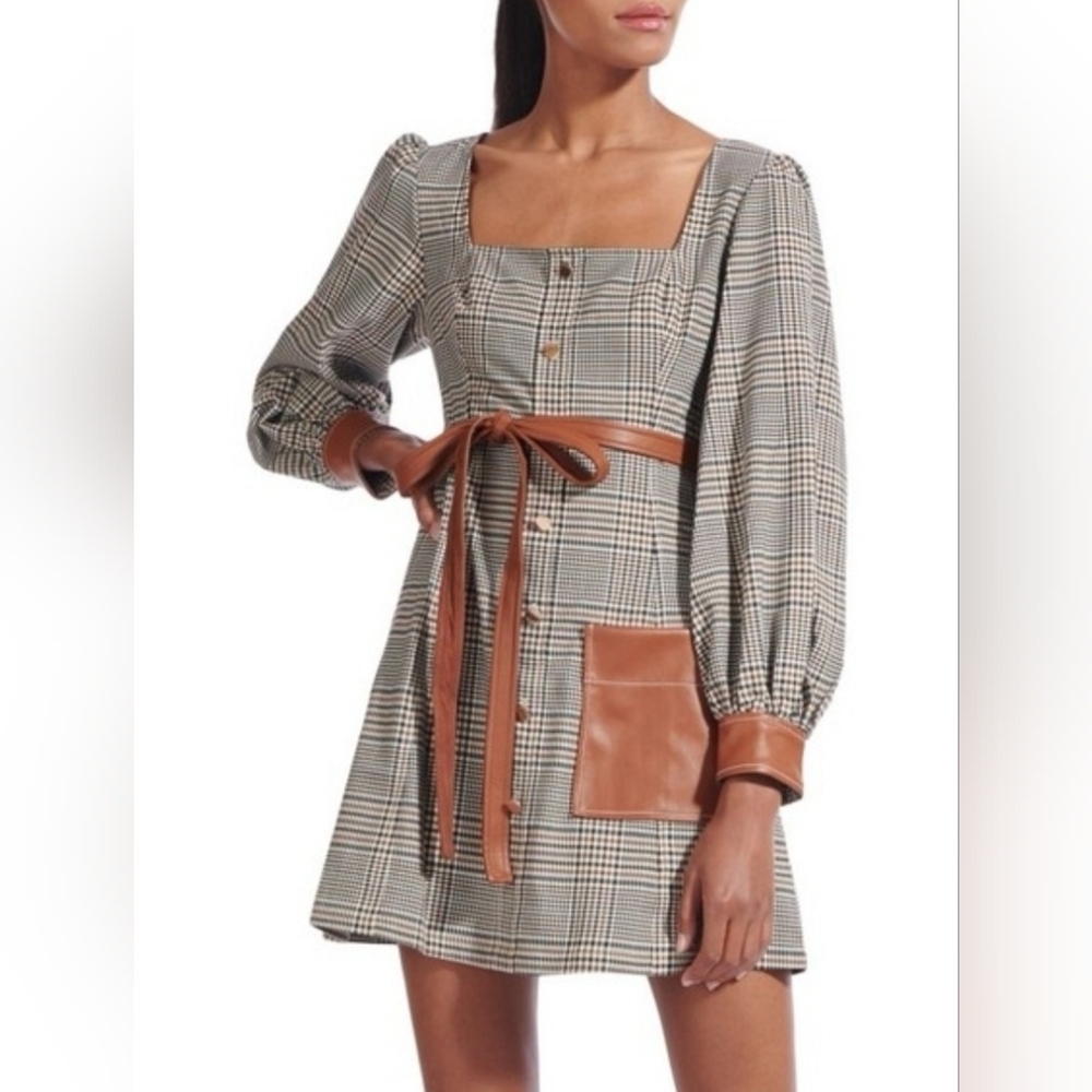 STAUD Plaid Mini Dress Size 8 Glen Check Gray Brown Faux Leather Minimalist Boho - Picture 2 of 16